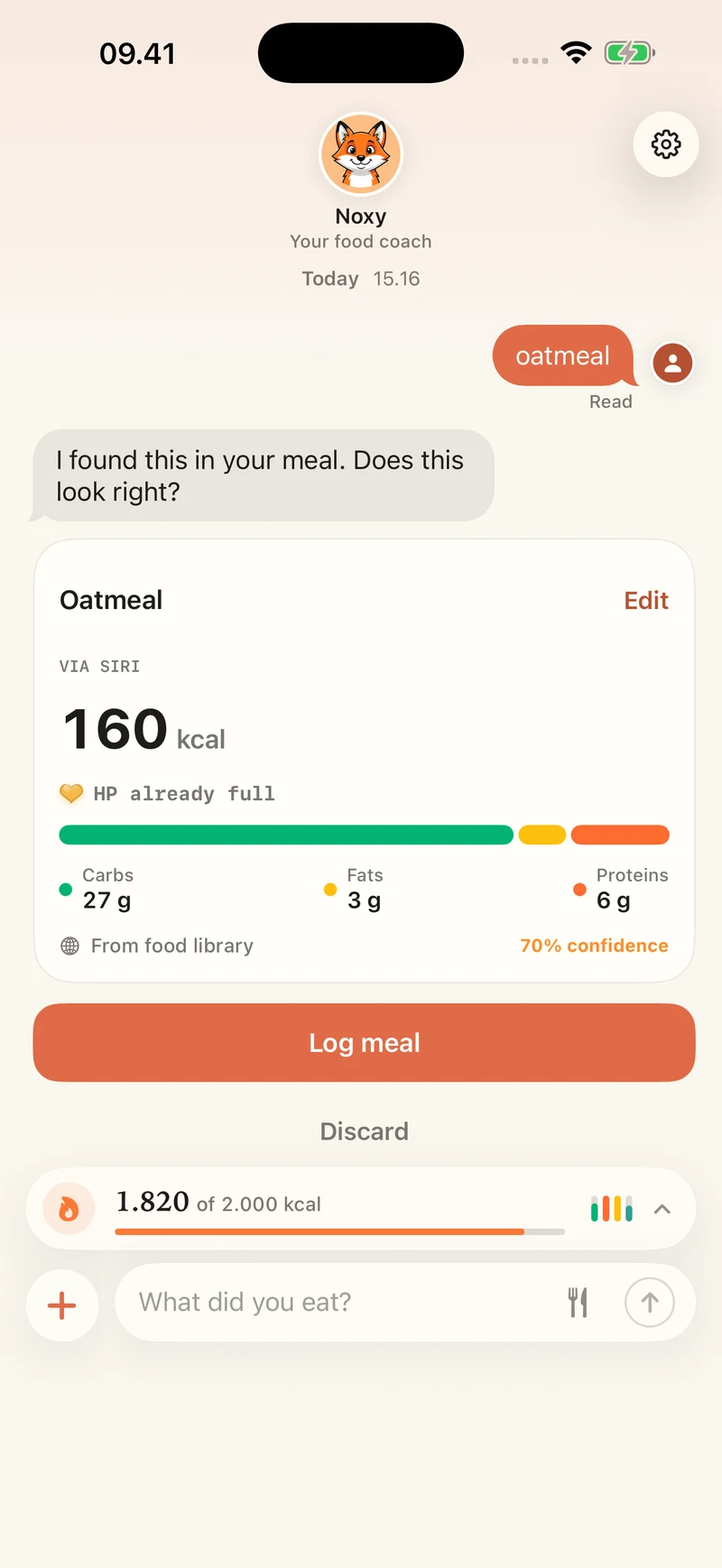 Noxy chat screen showing a typed meal turned into calories with protein, carbs and fat